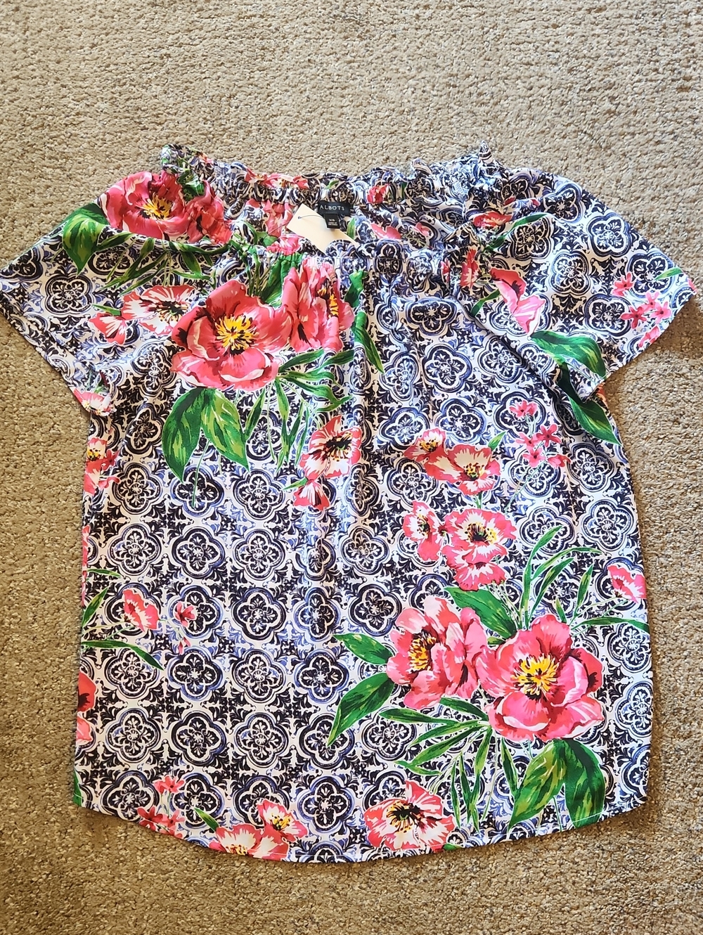 Talbots Pink Floral Off-Shoulder Blouse with Navy Pattern